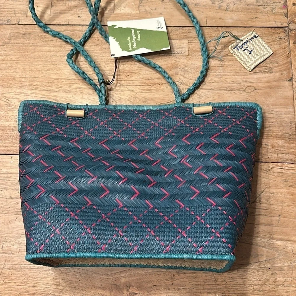 NWT Handmade Rattan Bag | Green & Red | Blessing Basket Fair Trade